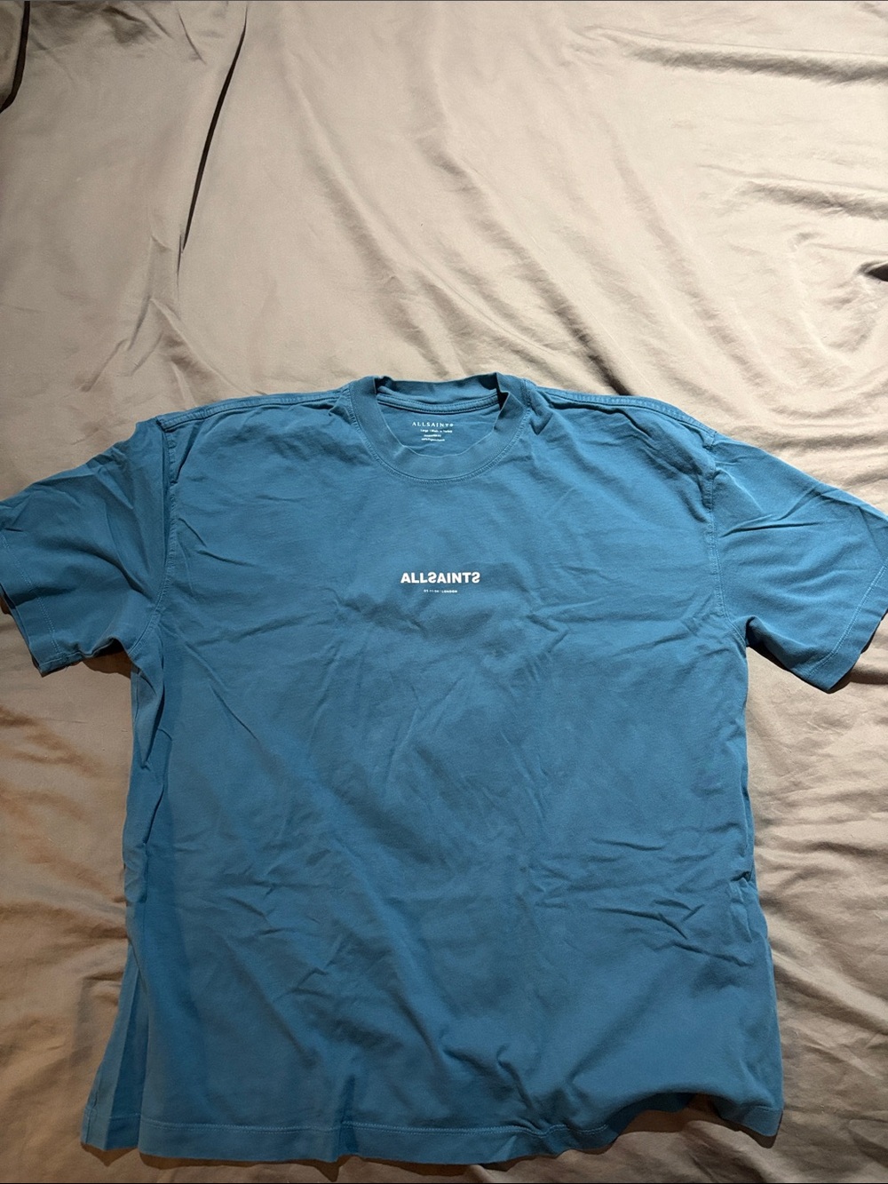AllSaints Men's Teal-Blue Logo Crew Short Sleeve Tee